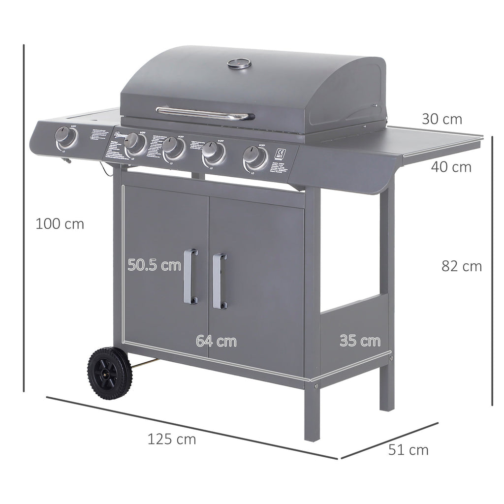 4+1 Burner Gas BBQ Gril with Side Burner, Warming Rack & Thermometer, 125 x 51 x 100cm, Grey