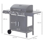 4+1 Burner Gas BBQ Gril with Side Burner, Warming Rack & Thermometer, 125 x 51 x 100cm, Grey