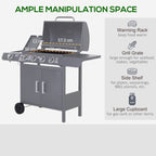 4+1 Burner Gas BBQ Gril with Side Burner, Warming Rack & Thermometer, 125 x 51 x 100cm, Grey