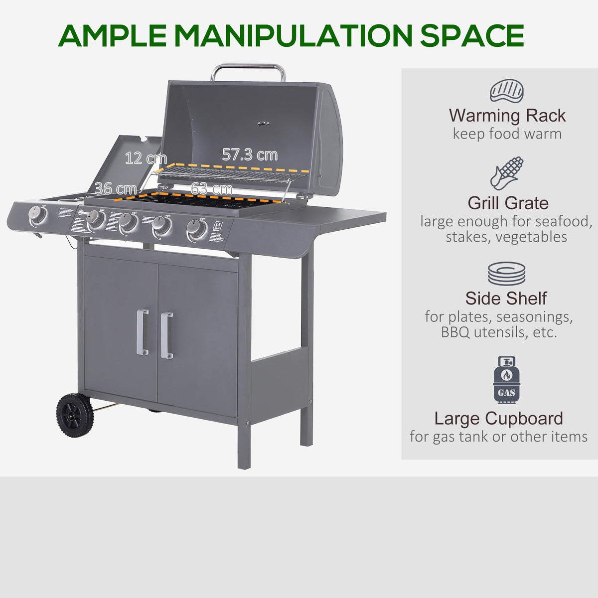 4+1 Burner Gas BBQ Gril with Side Burner, Warming Rack & Thermometer, 125 x 51 x 100cm, Grey