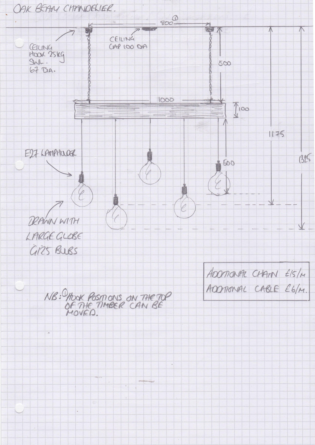 1m Oak Beam Chandelier with 5 Lights | Kitchen Island Lighting UK