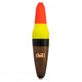 Thill Center Slide Bobbers fishing tackle featuring a bright orange and yellow top, black band, and natural wood lower portion with "thill" branding for clear visibility on water.