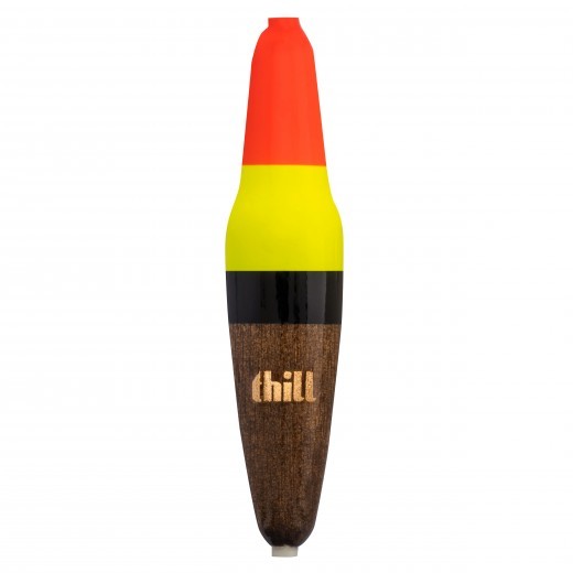 Thill Center Slide Bobbers fishing tackle featuring a bright orange and yellow top, black band, and natural wood lower portion with "thill" branding for clear visibility on water.