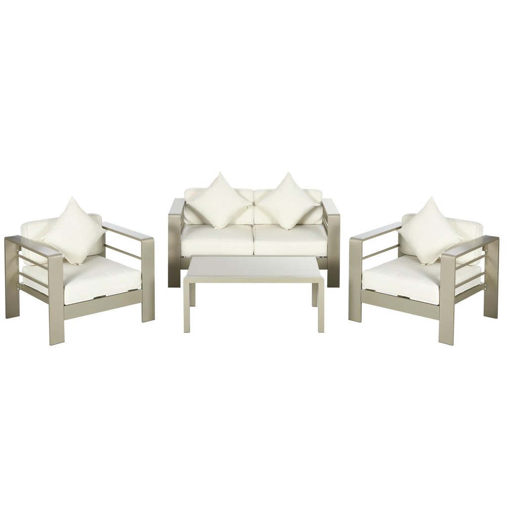 4 Pieces Aluminium Frame Backyard Furniture w/ Loveseat, 2 Chairs & Glass Top Table, Champagne Gold