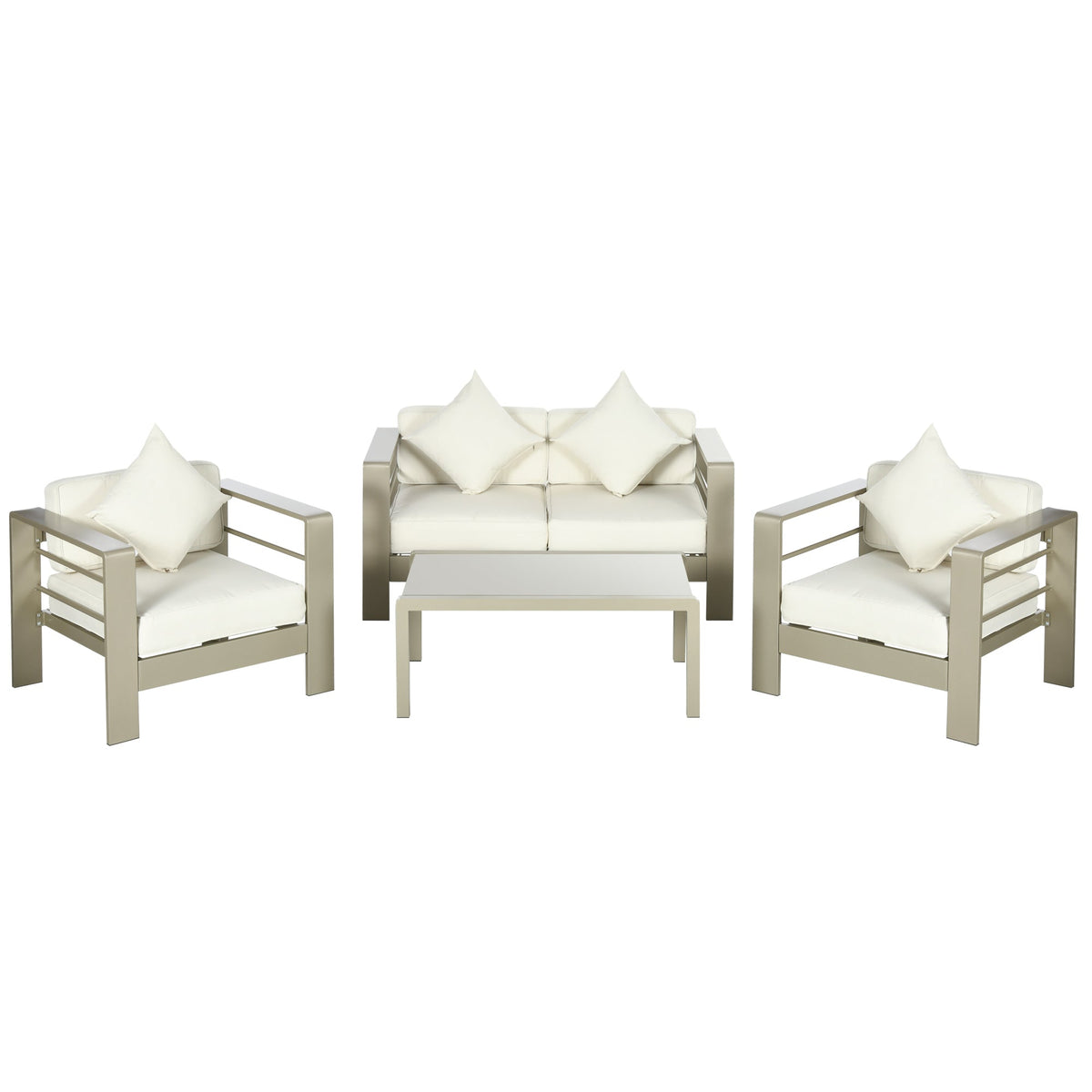 4 Pieces Aluminium Frame Backyard Furniture w/ Loveseat, 2 Chairs & Glass Top Table, Champagne Gold