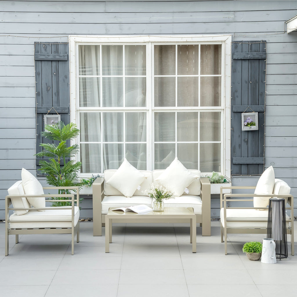 4 Pieces Aluminium Frame Backyard Furniture w/ Loveseat, 2 Chairs & Glass Top Table, Champagne Gold