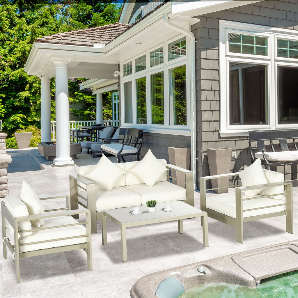 4 Pieces Aluminium Frame Backyard Furniture w/ Loveseat, 2 Chairs & Glass Top Table, Champagne Gold