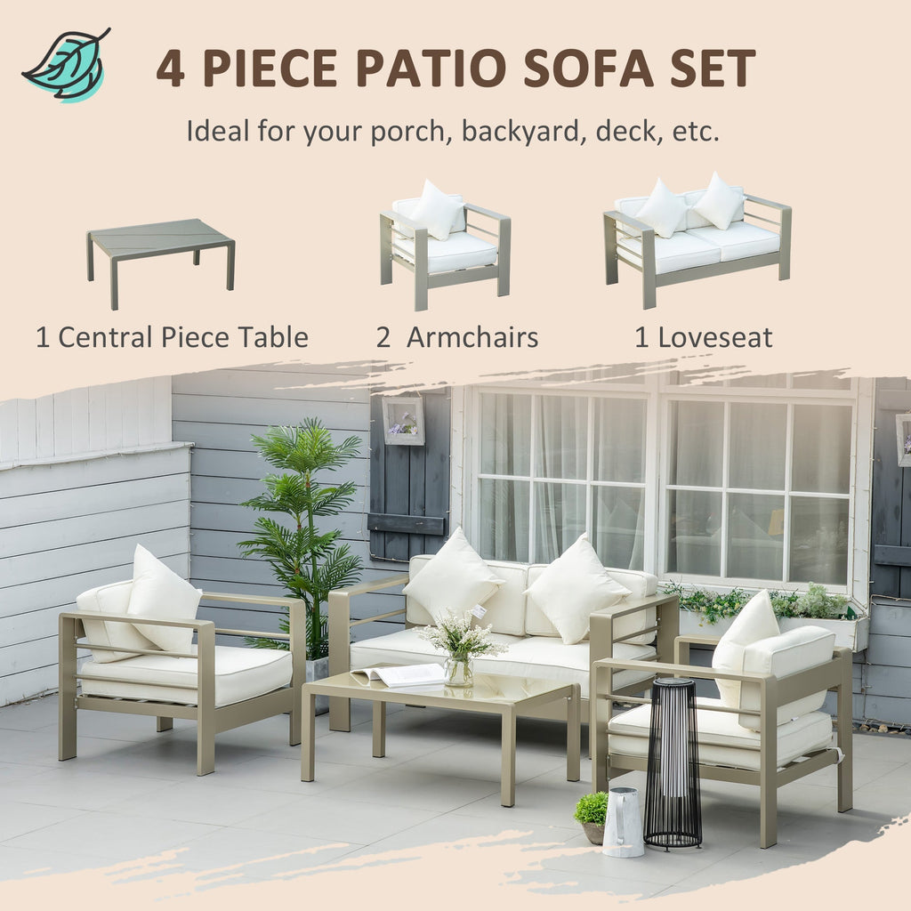 4 Pieces Aluminium Frame Backyard Furniture w/ Loveseat, 2 Chairs & Glass Top Table, Champagne Gold