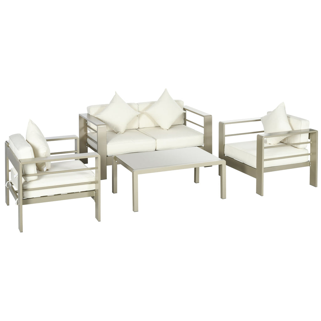 4 Pieces Aluminium Frame Backyard Furniture w/ Loveseat, 2 Chairs & Glass Top Table, Champagne Gold