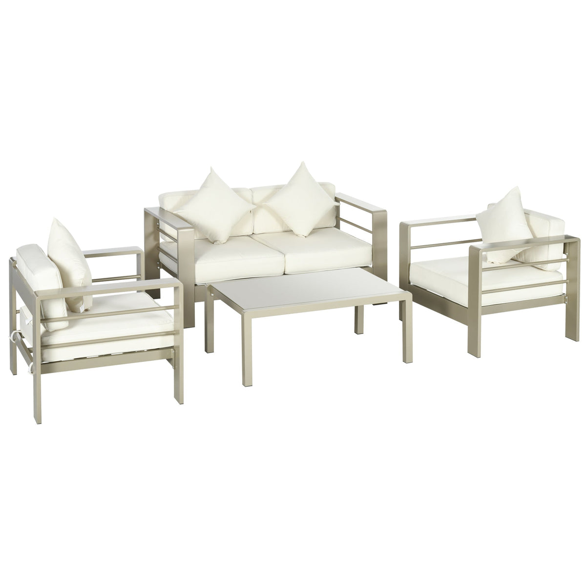 4 Pieces Aluminium Frame Backyard Furniture w/ Loveseat, 2 Chairs & Glass Top Table, Champagne Gold