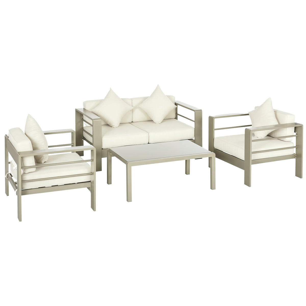 4 Pieces Aluminium Frame Backyard Furniture w/ Loveseat, 2 Chairs & Glass Top Table, Champagne Gold