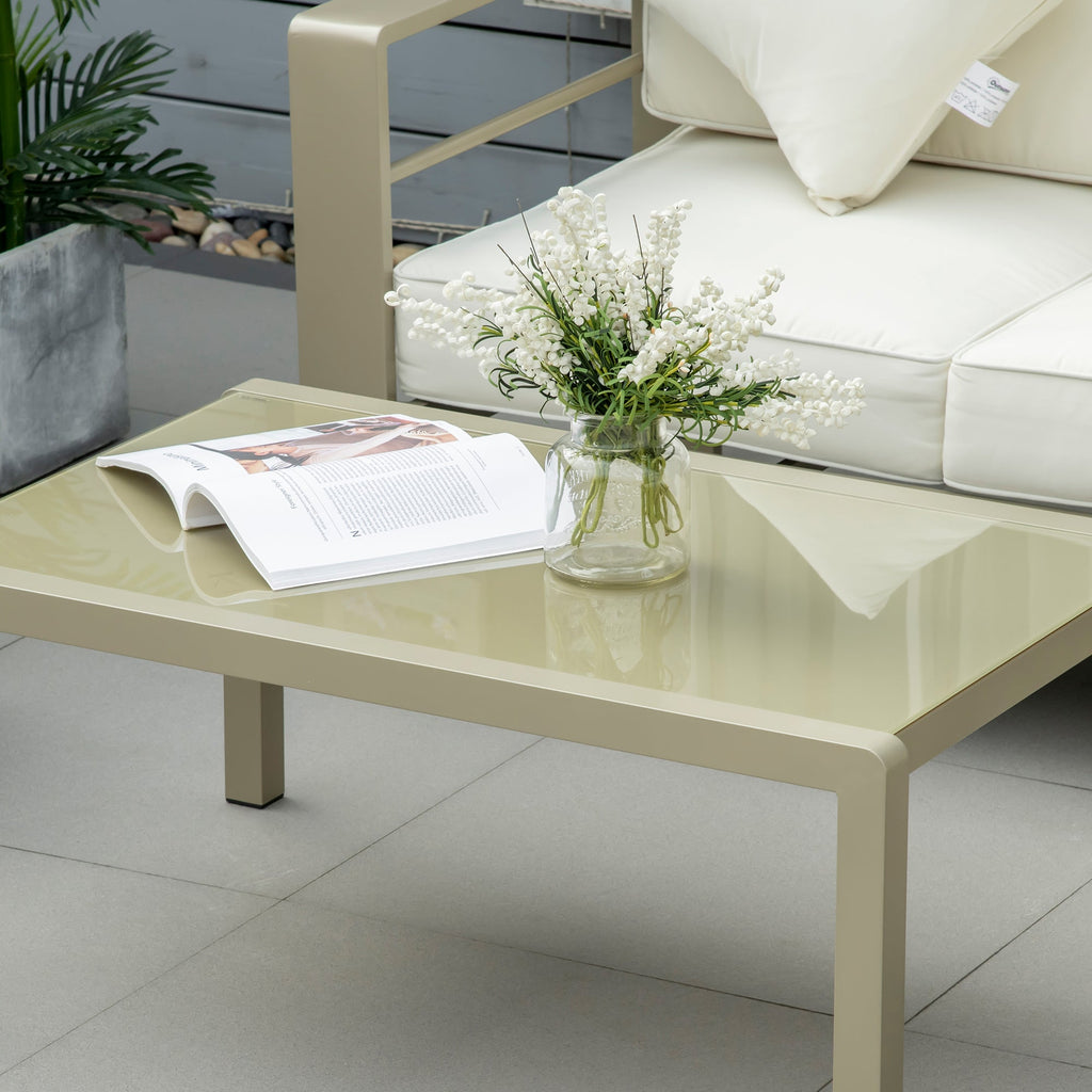 4 Pieces Aluminium Frame Backyard Furniture w/ Loveseat, 2 Chairs & Glass Top Table, Champagne Gold