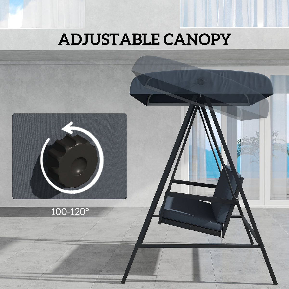 3 Seater Garden Swing Chair with Adjustable Canopy and Removable Cushions, Dark Grey