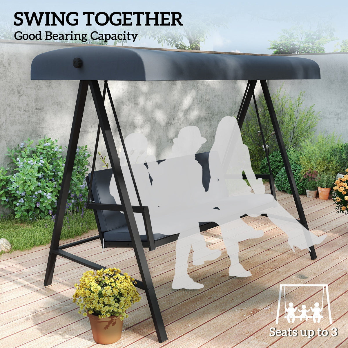 3 Seater Garden Swing Chair with Adjustable Canopy and Removable Cushions, Dark Grey