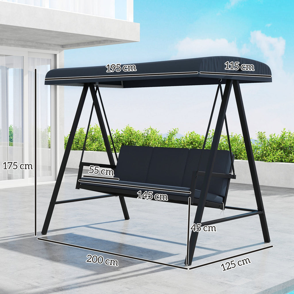 3 Seater Garden Swing Chair with Adjustable Canopy and Removable Cushions, Dark Grey