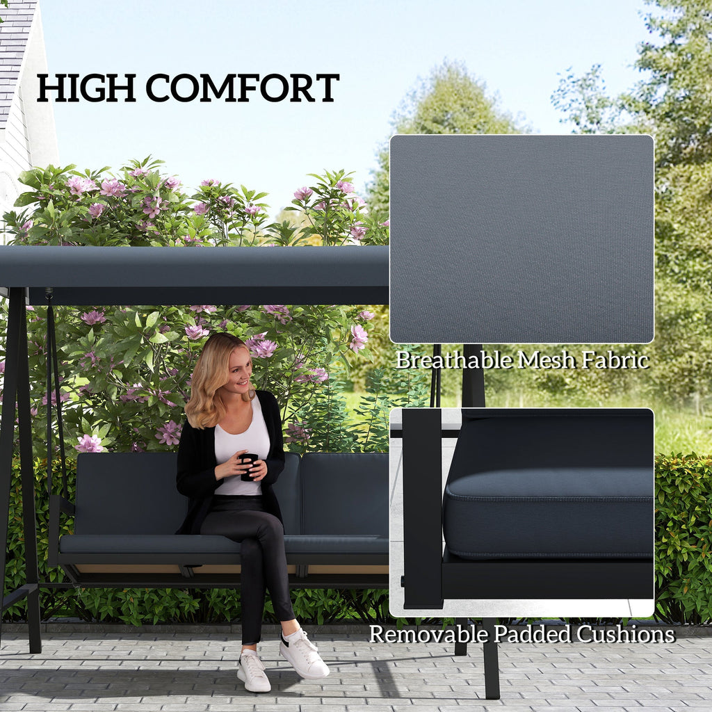 3 Seater Garden Swing Chair with Adjustable Canopy and Removable Cushions, Dark Grey