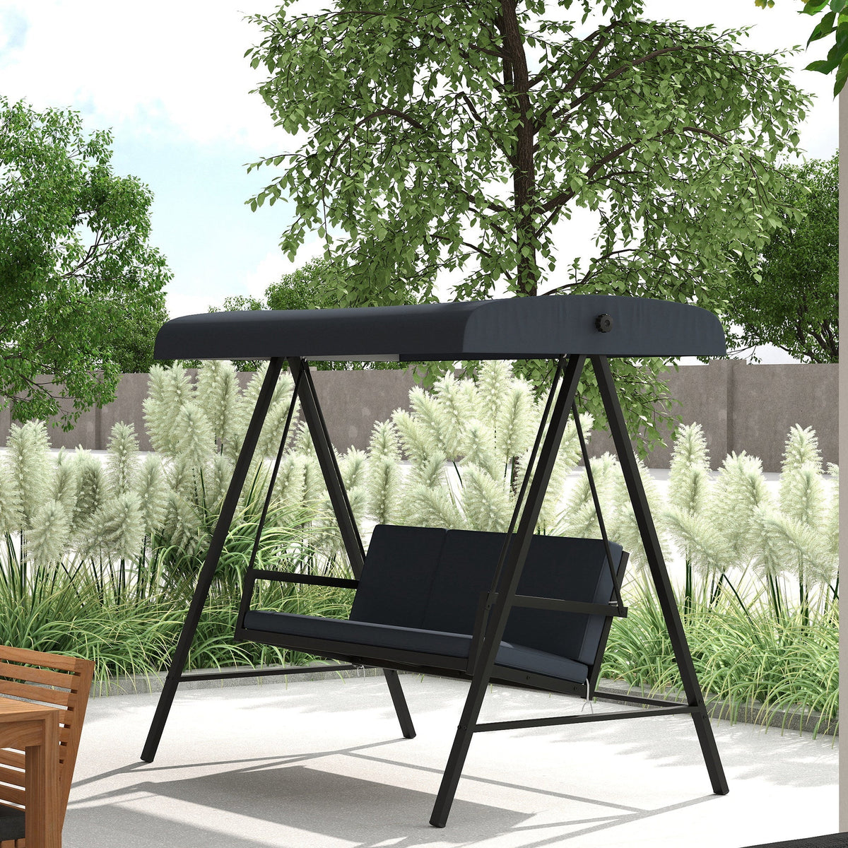 3 Seater Garden Swing Chair with Adjustable Canopy and Removable Cushions, Dark Grey