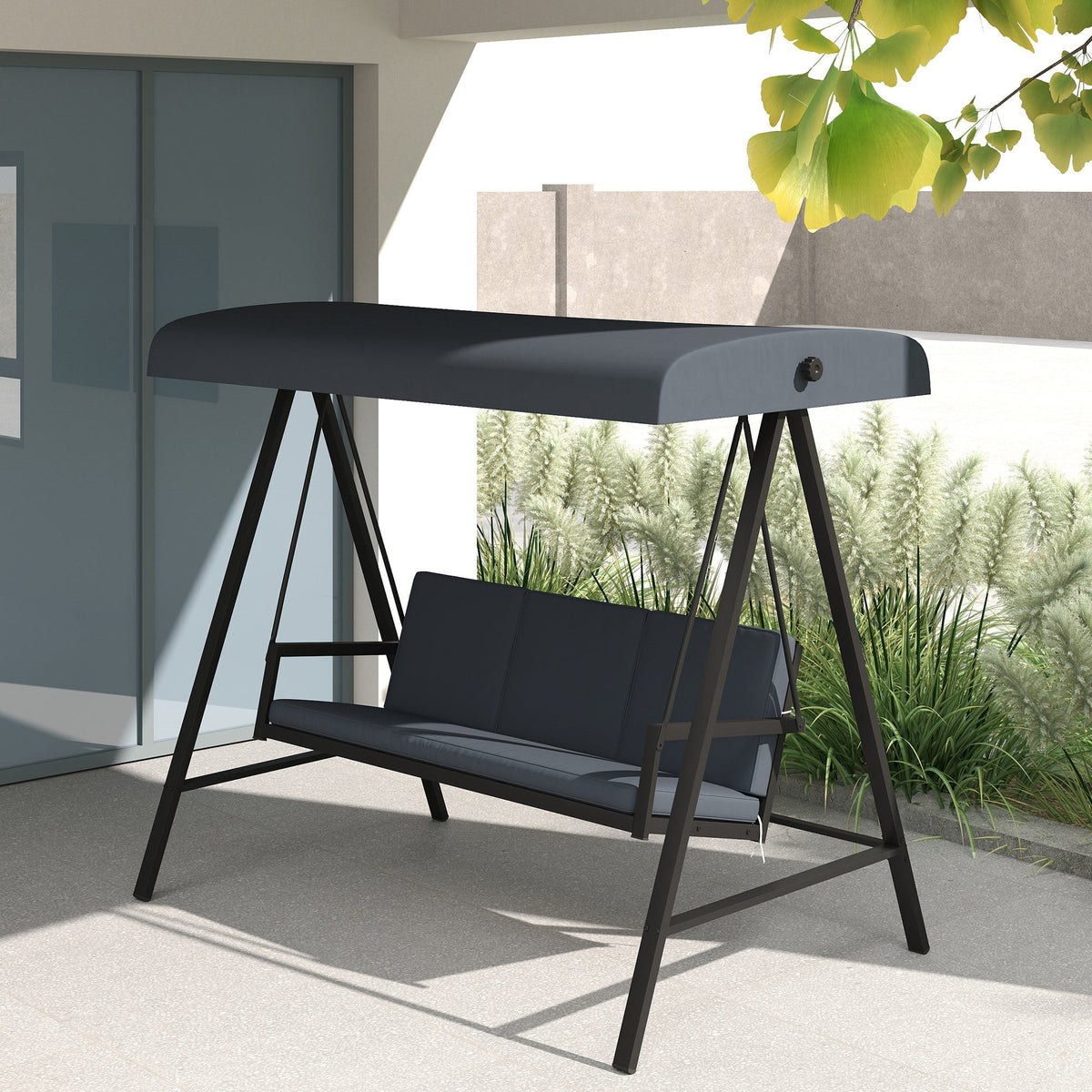 3 Seater Garden Swing Chair with Adjustable Canopy and Removable Cushions, Dark Grey