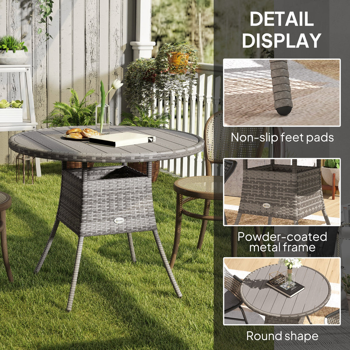 90 cm Rattan Patio Dining Table with Wood-plastic Composite Top for Balcony, Garden, Grey
