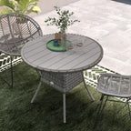 90 cm Rattan Patio Dining Table with Wood-plastic Composite Top for Balcony, Garden, Grey