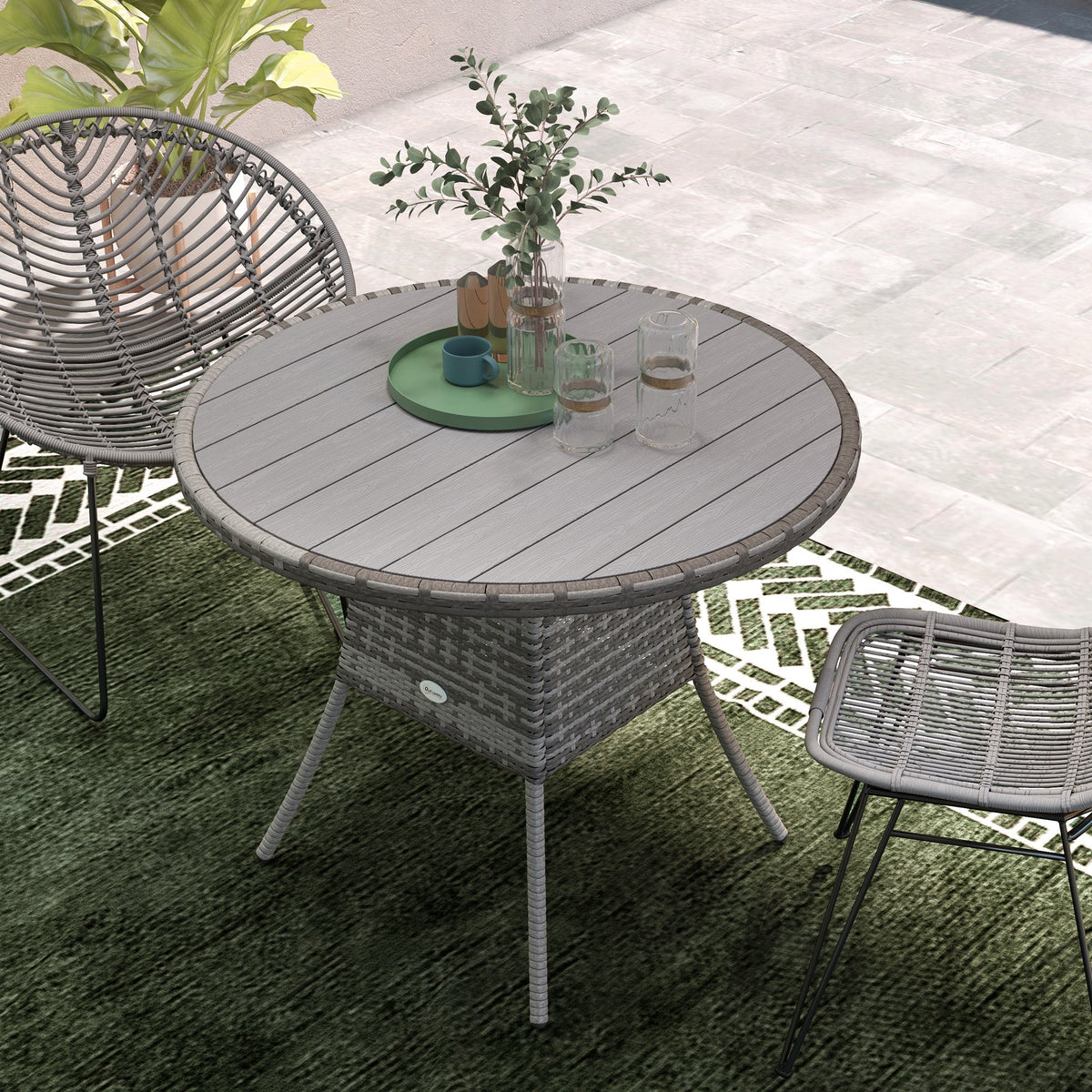 90 cm Rattan Patio Dining Table with Wood-plastic Composite Top for Balcony, Garden, Grey