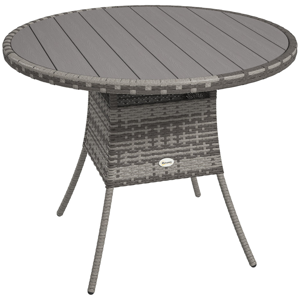 90 cm Rattan Patio Dining Table with Wood-plastic Composite Top for Balcony, Garden, Grey