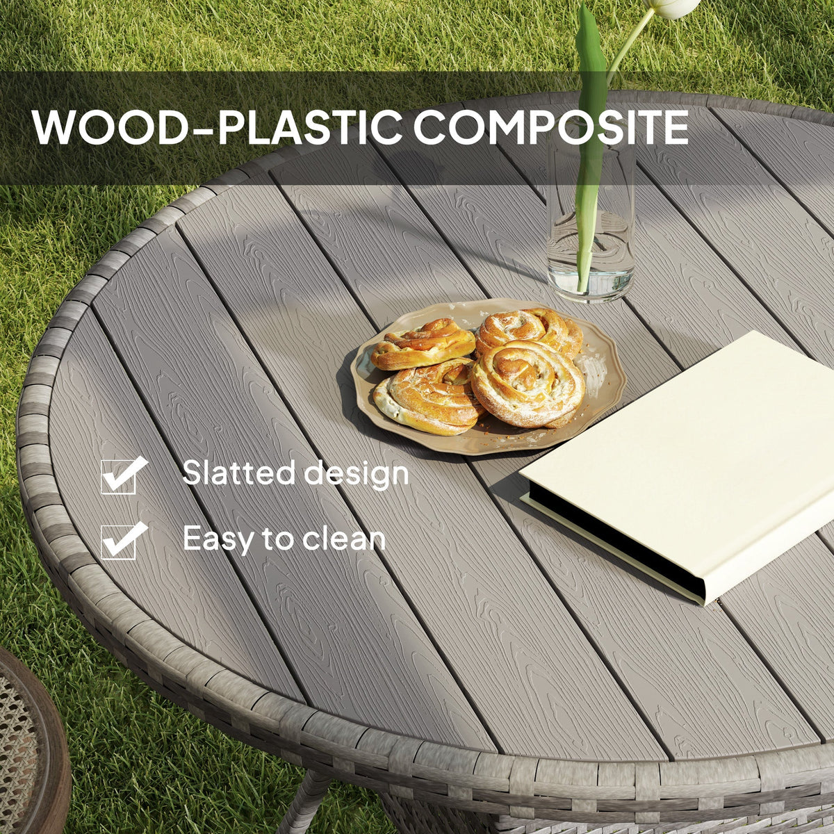 90 cm Rattan Patio Dining Table with Wood-plastic Composite Top for Balcony, Garden, Grey