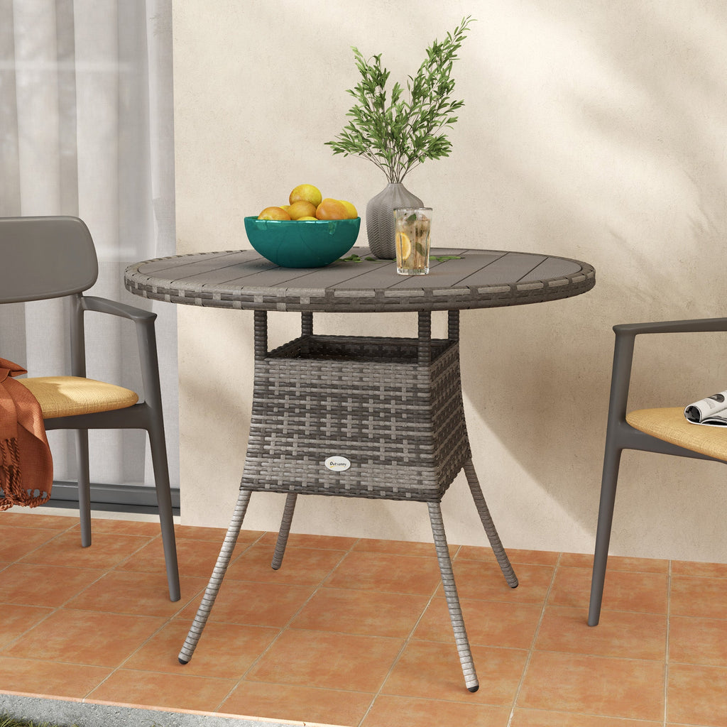 90 cm Rattan Patio Dining Table with Wood-plastic Composite Top for Balcony, Garden, Grey