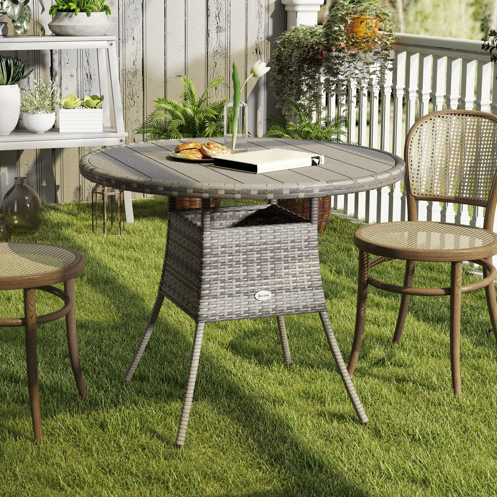 90 cm Rattan Patio Dining Table with Wood-plastic Composite Top for Balcony, Garden, Grey