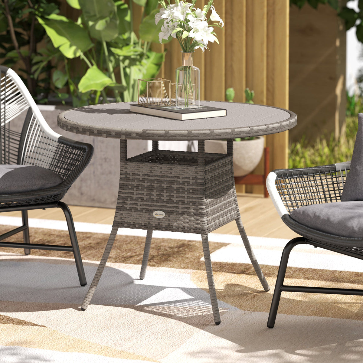90 cm Rattan Patio Dining Table with Wood-plastic Composite Top for Balcony, Garden, Grey