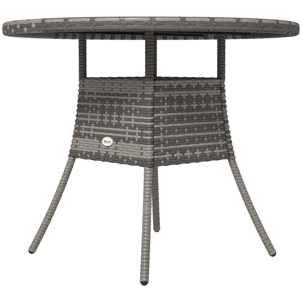 90 cm Rattan Patio Dining Table with Wood-plastic Composite Top for Balcony, Garden, Grey