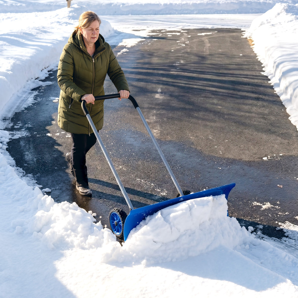 37-Inch Extra Wide Aluminum Snow Pusher with Wheels and Adjustable Handle, Blue
