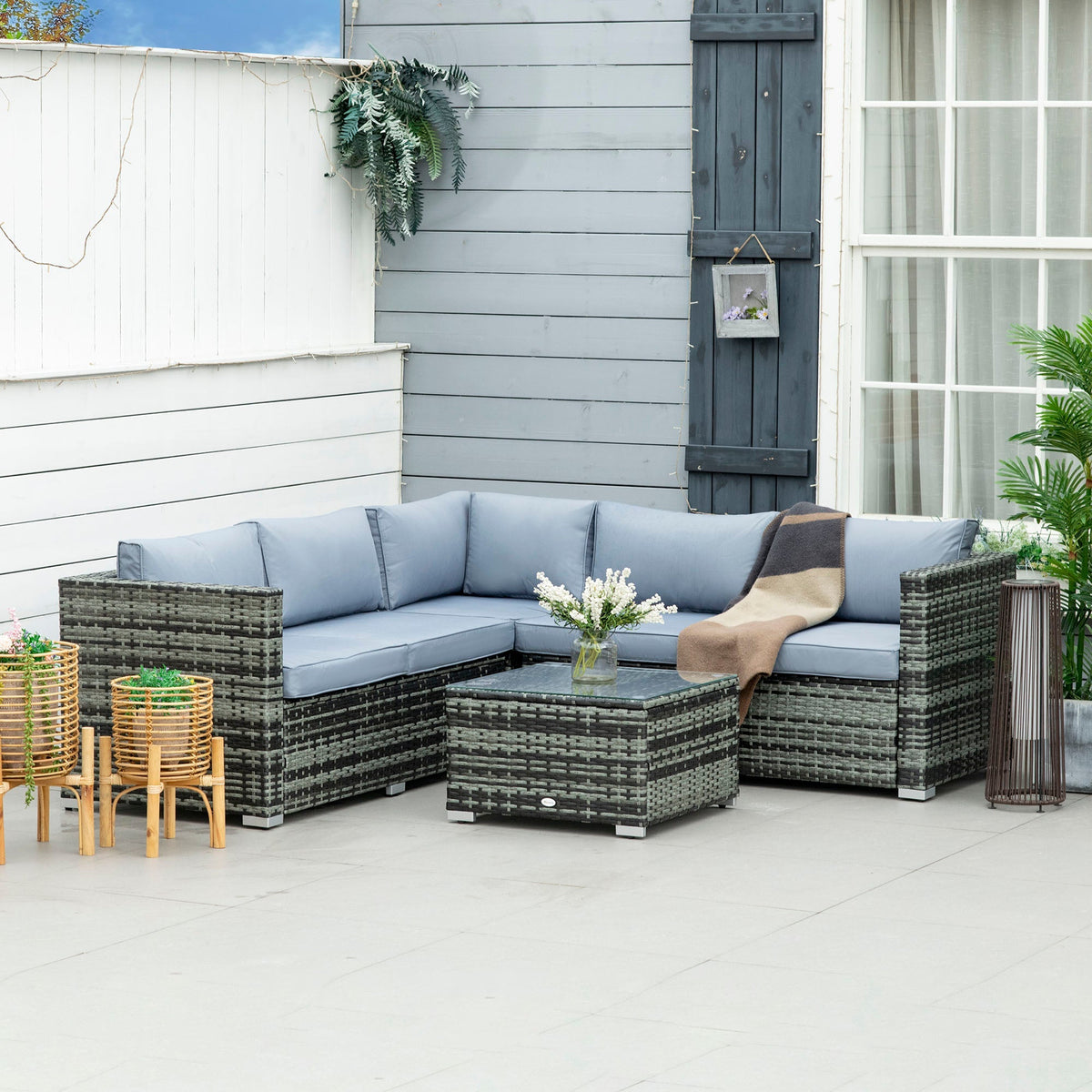 4 Pieces Rattan Garden Corner Sofa Set with Coffee Table & Cushions, Grey