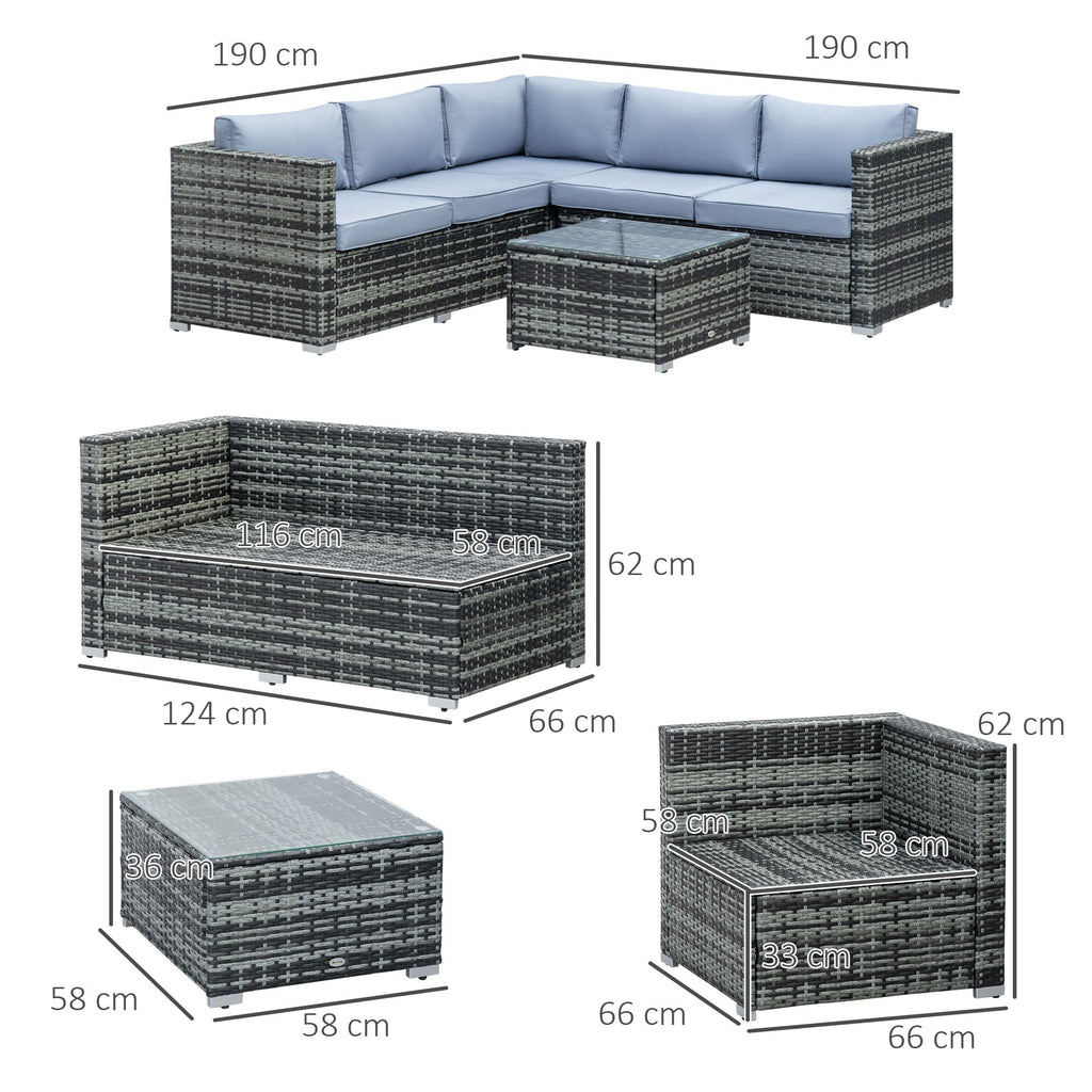 4 Pieces Rattan Garden Corner Sofa Set with Coffee Table & Cushions, Grey