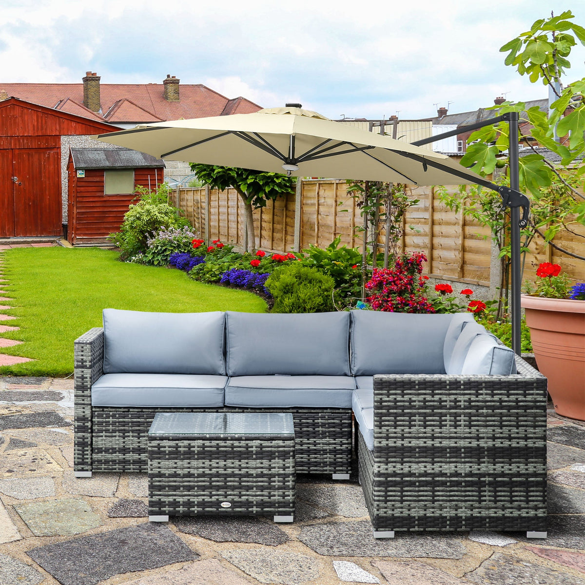 4 Pieces Rattan Garden Corner Sofa Set with Coffee Table & Cushions, Grey