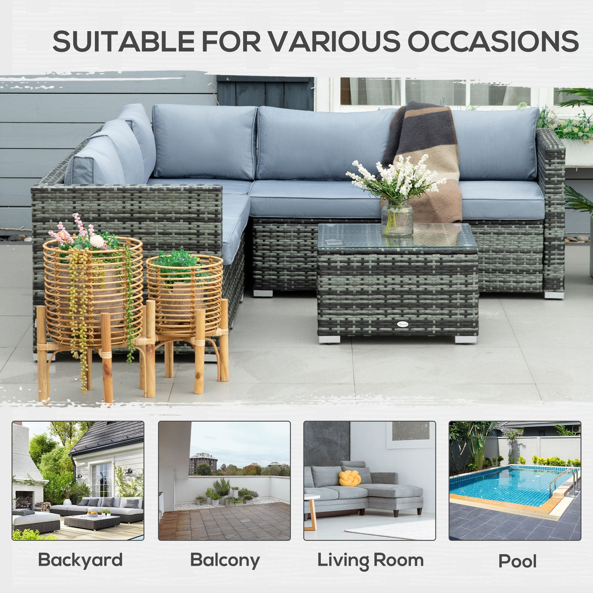 4 Pieces Rattan Garden Corner Sofa Set with Coffee Table & Cushions, Grey