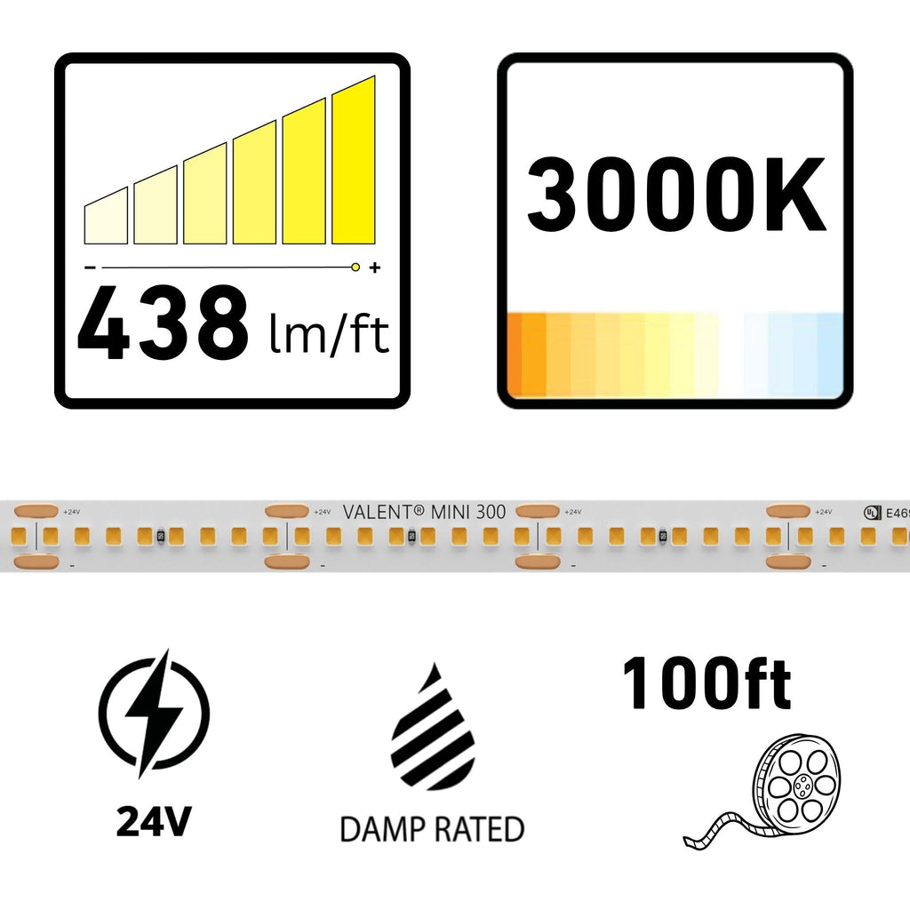 VALENT MINI, 100ft LED Tape Light, 3000K, 438 Lumens/ft, 24V