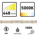 VALENT MINI, 100ft LED Tape Light, 5000K, 448 Lumens/ft, 24V