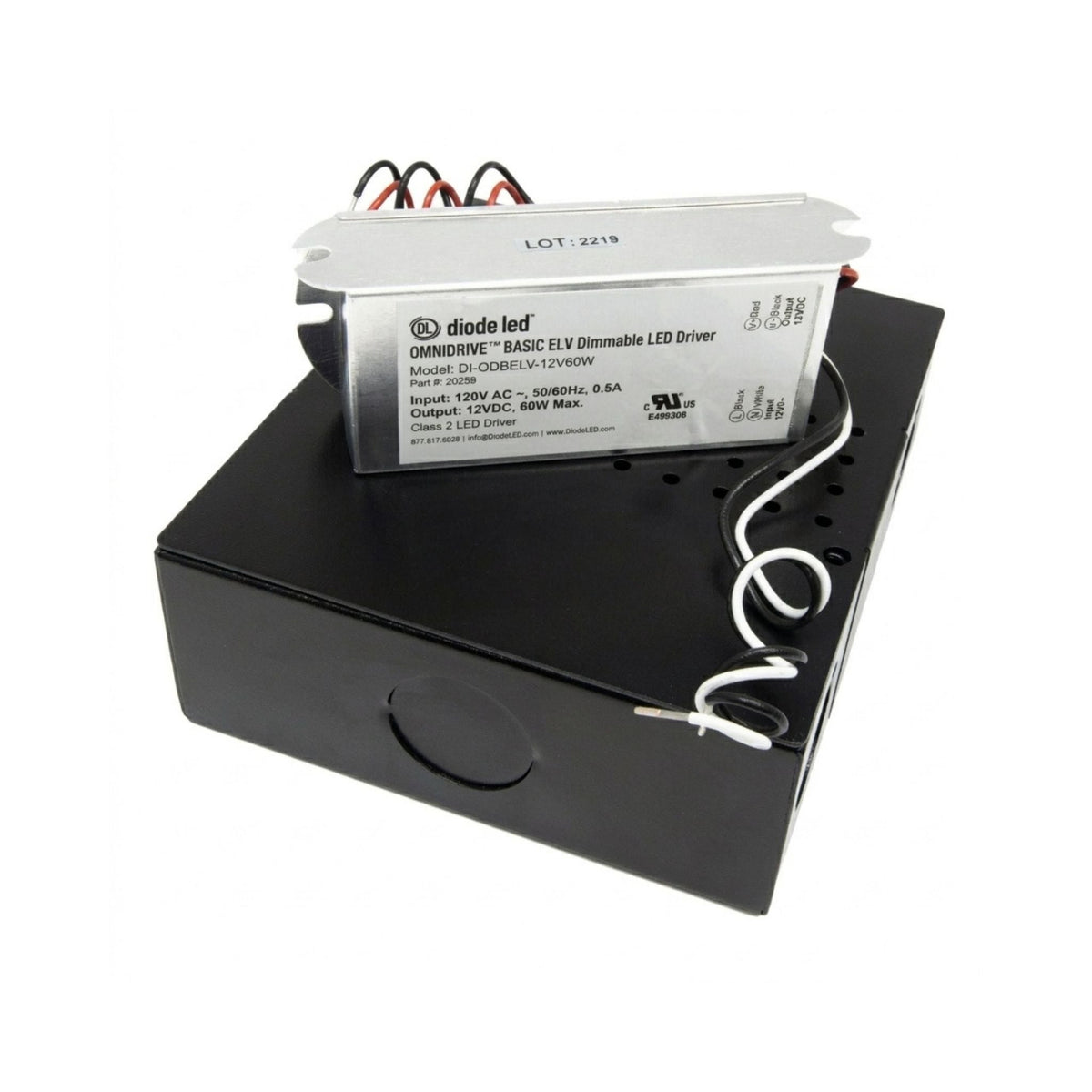 Diode LED 60W LED Driver 12V DC, Dimmable, Integrated Junction Box, Indoor Use - 120V