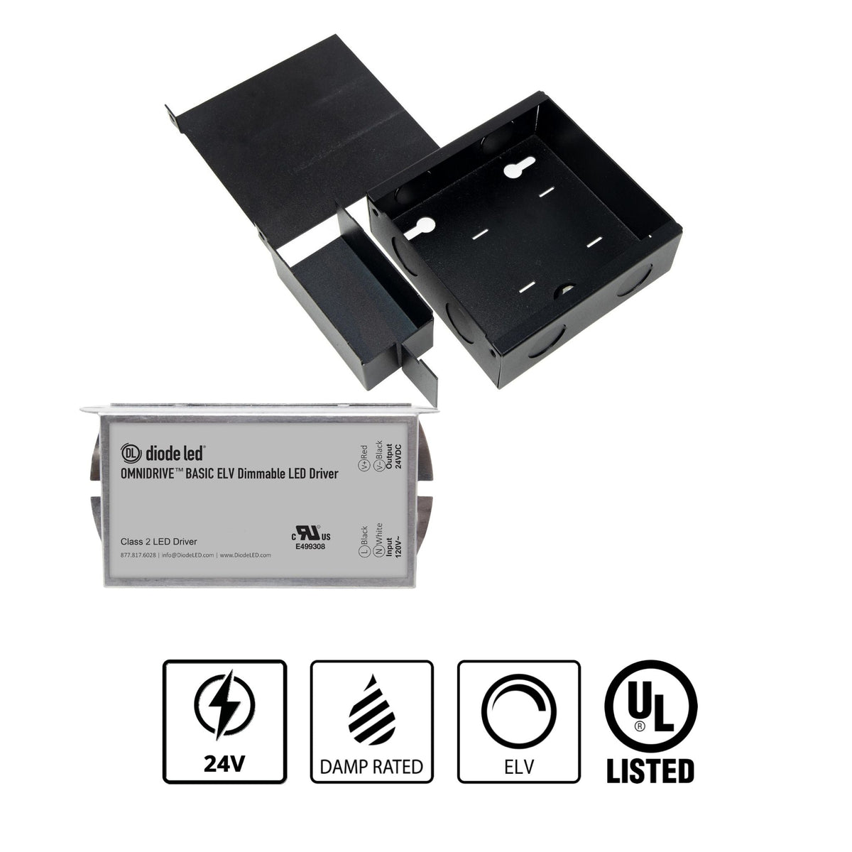 Diode LED 60W LED Driver 24V DC, Dimmable, Integrated Junction Box, Indoor Use - 120V