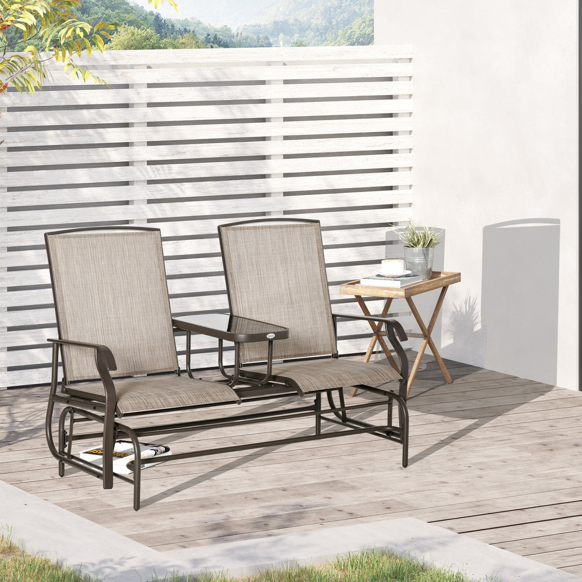 Patio Glider Rocking Chair 2 Person Outdoor Loveseat Rocker Garden Furniture Bench, Flaxen