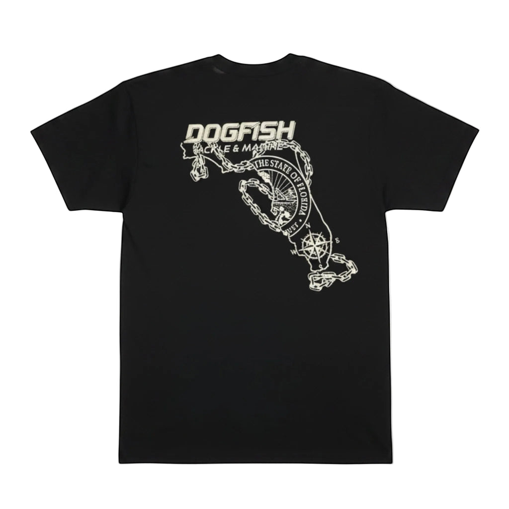 Dogfish Tackle & Marine black short sleeve t-shirt with Florida map graphic and compass rose. Poly-cotton blend.
