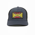 Dogfish Tackle & Marine navy blue trucker hat with a "Don't Tread On Me" flag patch featuring fish and a snake.