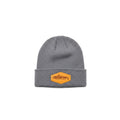 Dogfish Tackle & Marine grey polyester super stretch ribbed knit watch cap beanie with a 2 1/2" cuff and orange leather patch logo.