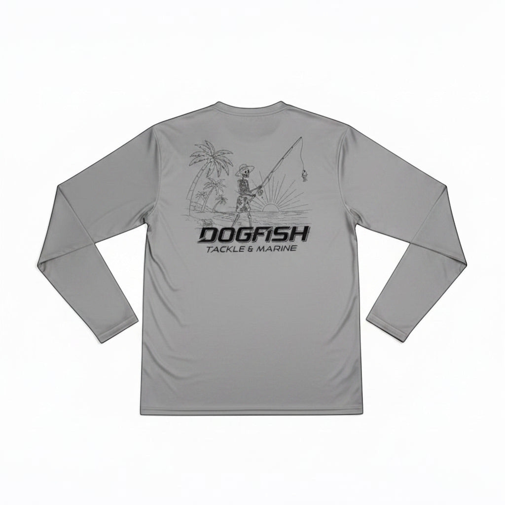 Dogfish Tackle & Marine grey long sleeve microfiber performance shirt with skeleton fishing graphic on beach.