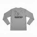 Dogfish Tackle & Marine grey long sleeve microfiber performance shirt with skeleton fishing graphic on beach.