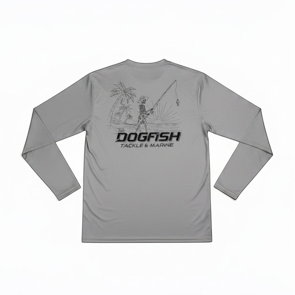Dogfish Tackle & Marine grey long sleeve microfiber performance shirt with skeleton fishing graphic on beach.
