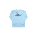 Dogfish Tackle & Marine light blue microfiber long sleeve shirt with a boat graphic on the back.