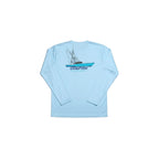 Dogfish Tackle & Marine light blue microfiber long sleeve shirt with a boat graphic on the back.
