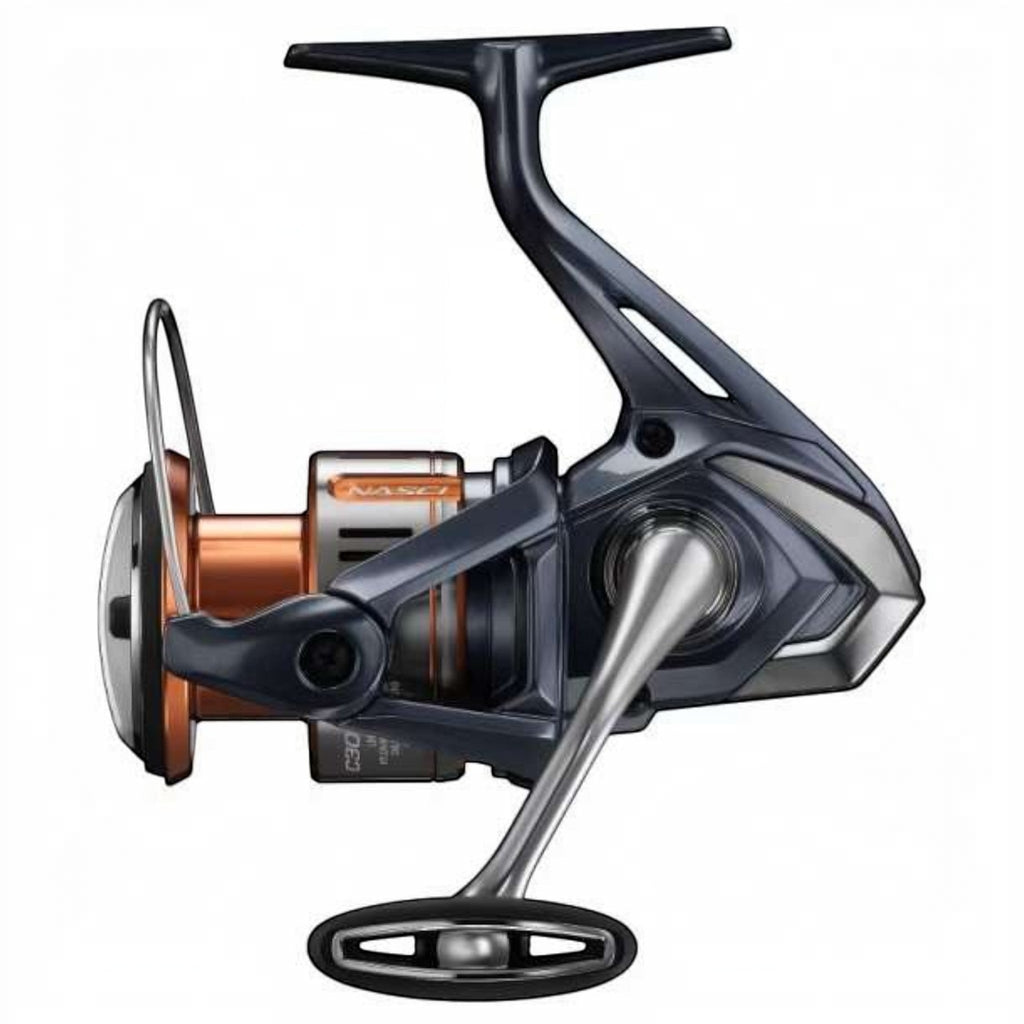 Dogfish Tackle & Marine Shimano Nasci FD spinning reel in dark grey and copper with silver handle. Features a bail wire and spool.
